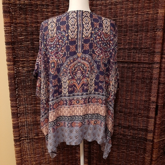 Angie Cardigan Women's Large Blue Boho Print Open Front Kimono Shrug Festival - Picture 2 of 4